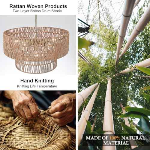 23.62" 6 Light Boho Chandelier Rattan Light Fixture Hand Woven Farmhouse Chandelier for Dining Room Ceiling Hanging Pendant Light for Kitchen Island Lighting