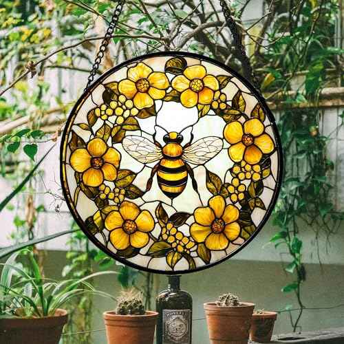 Bee Wreath Stained Glass Window Hanging Suncatcher Gifts for Women 6.3"