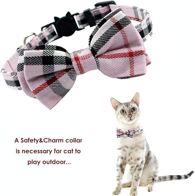 Cat Collar Breakaway with Bell and Bow Tie, Plaid Design Adjustable Safety Kitty Kitten Collars(6.8-10.8in) (Pink Plaid 1)