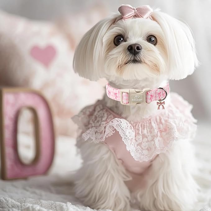Girl Dog Collar for Large Dogs - Cute Pink Plaid & Bow Print Spring/Summer Puppy Collar, Soft Adjustable Holiday Female Dog Collars with Quick Release Buckle L