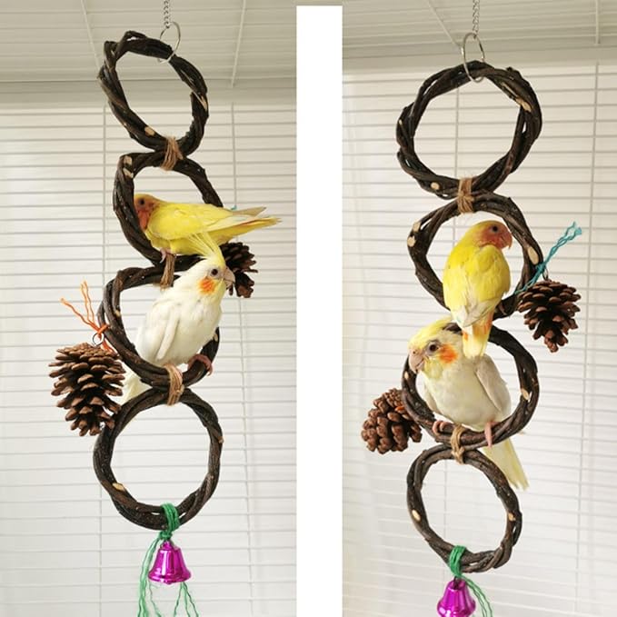 Circle Straw Bird Swing Stand Bird Perches Stand Hanging Chewing Toy for Parrots Bird Playground Cage Accessories Climbing Rope Net Ladders for Foraging Toys（Random Color） (4 Rings)