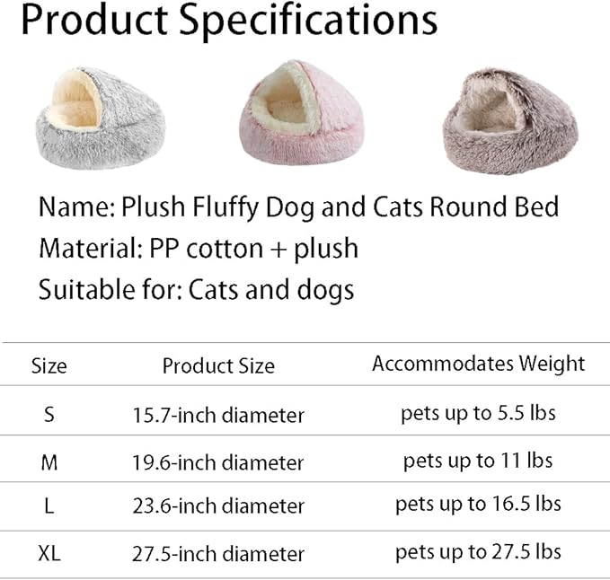 Plush Fluffy Dog and Cats Round Bed, Ultra-Soft Plush with Raised Rim, Non-Slip Bottom, Plush Cat Bed with A Cover, for Small Dogs and Cats (Gray, X-Large)
