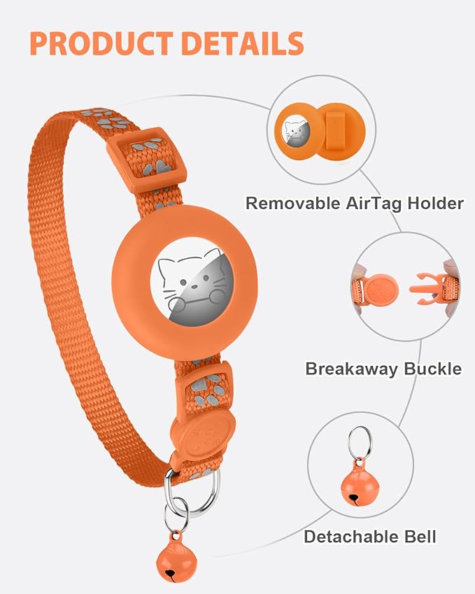 Joytale AirTag Cat Collar 2 Pack with Breakaway Safety Buckle, Reflective Cats Collar with AirTag Holder, Adjustable 7.5-12.5 Inch, Anti-Fraying Lightweight for Girl Boy Kitten, Orange