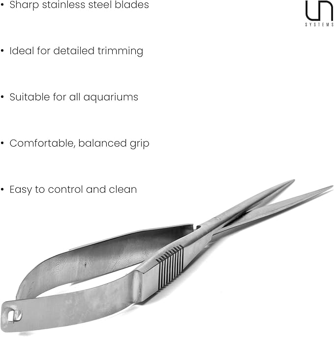 UNS Aquascaping Tools - Stainless Steel Rust Resistant Freshwater Planted Tank Saltwater Reef Aquarium Maintenance Accessory - Trimming Stem & Carpets, Coral Cutting - Straight Spring Scissors, Silver