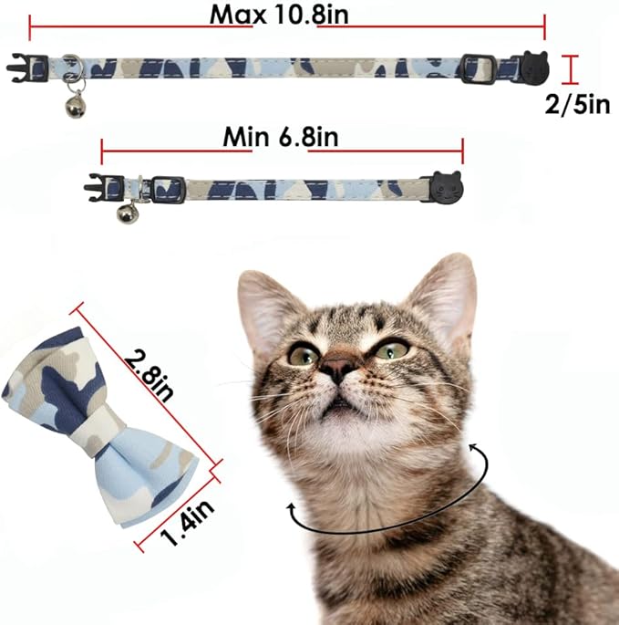 Cat Collar Breakaway with Bell and Bow Tie, Plaid Design Adjustable Safety Kitty Kitten Collars(6.8-10.8in)（Camo 3）