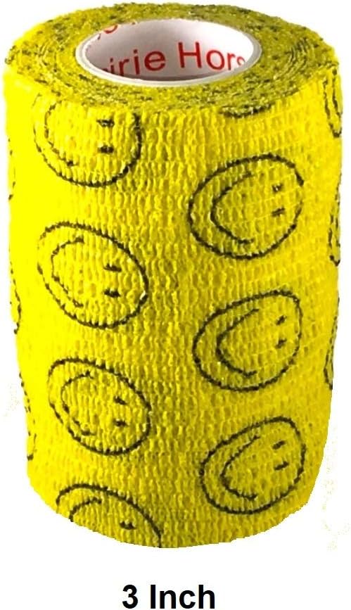 Vet Wrap Wrap Tape (Yellow with Smiles) (2 Pack) (3 Inch x 15 feet) Self Adhesive Adherent Adhering Cohesive Flex Self Stick Bandage Grip Roll Dog Cat Pet Horse