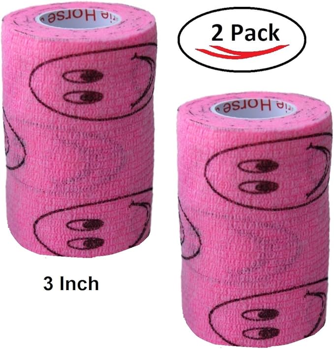 Vet Wrap Wrap Tape (Pink with Smiles) (2 Pack) (3 Inch x 15 feet) Self Adhesive Adherent Adhering Cohesive Flex Self Stick Bandage Grip Roll Dog Cat Pet Horse