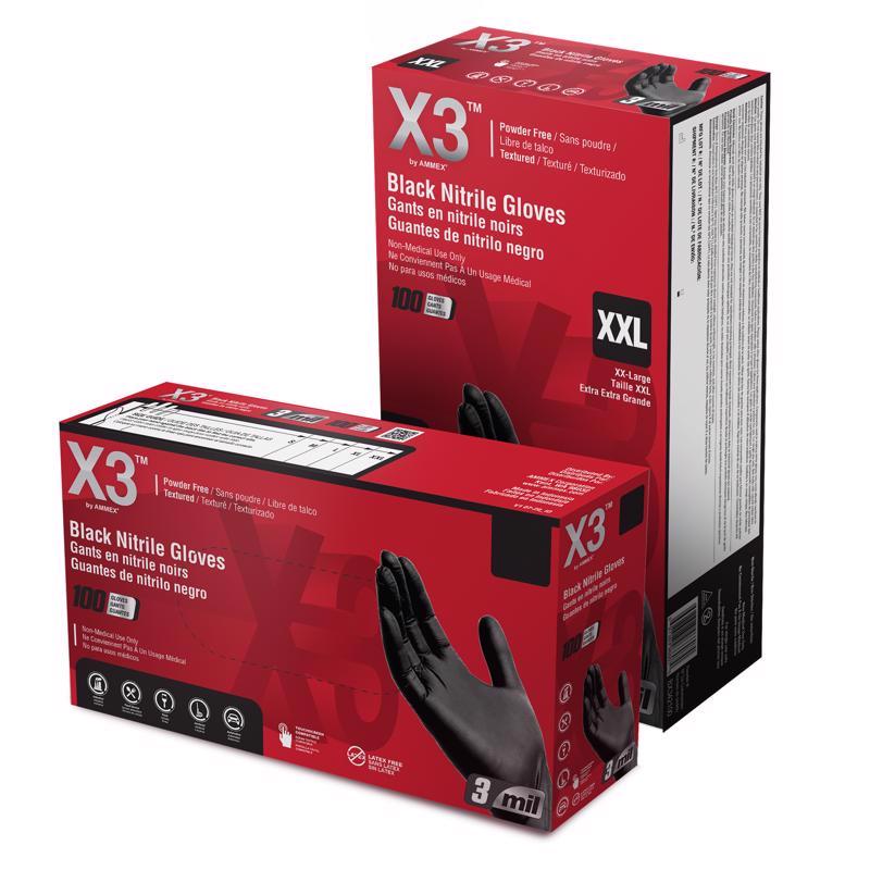 X3 Nitrile Disposable Gloves X-Large Black Powder Free BX348100 100 pk