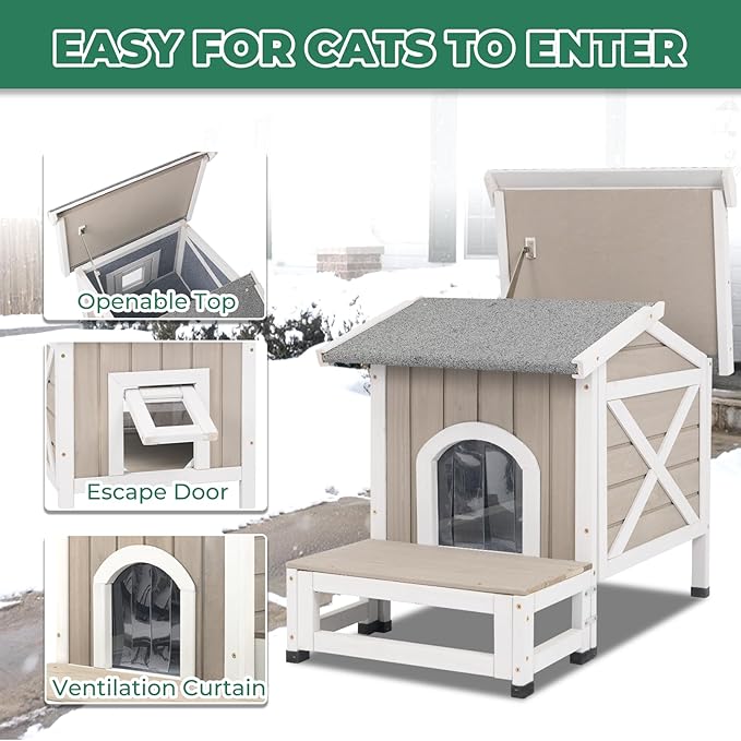 Small Insulated Cat House, Wood Outdoor Cat House Weatherproof with Cat Scratching Cloth, 2 Doors, Balcony, Outside Indoor Clawsable Pet Houses Feral Cats Shelter for Winter, Grey