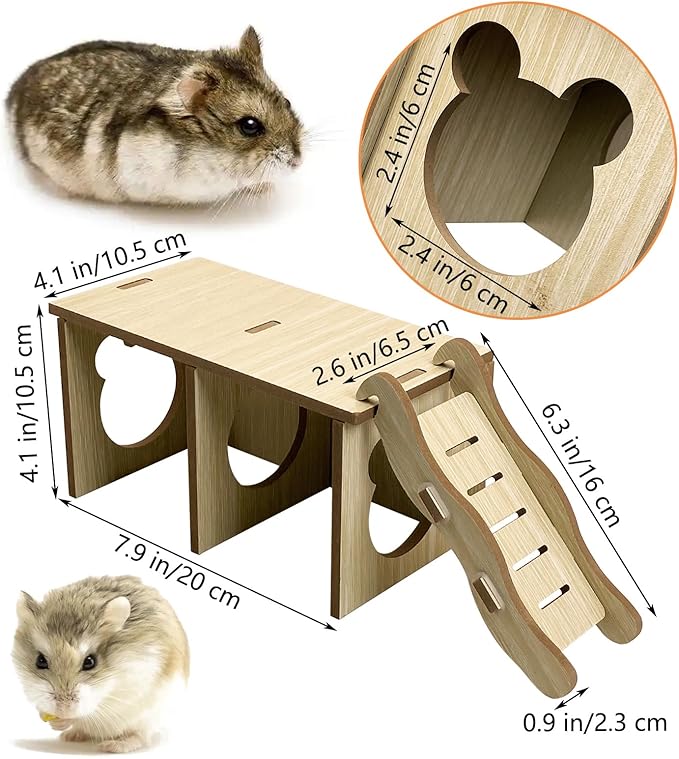 Tfwadmx Wooden Small Animal Hideout & Ramp - Hamster Tunnel System with Climbing Ladder, Peep Shed and Digging Chambers for Mice, Dwarf Hamsters (Small)