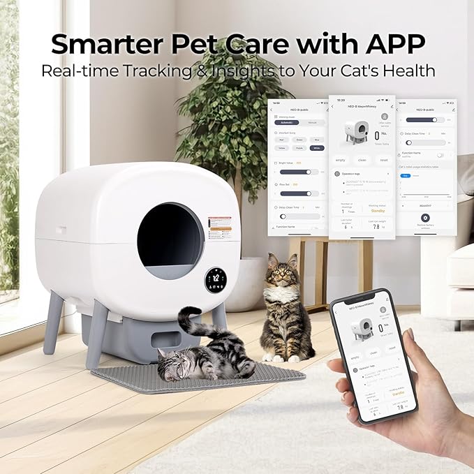Automatic Cat Litter Box Self Cleaning for Multiple Cats – XL Smart Litter Box with App Control, Odor-Free Waste Disposal, Quiet Operation, Safety Sensors, Compatible with Clumping Litter