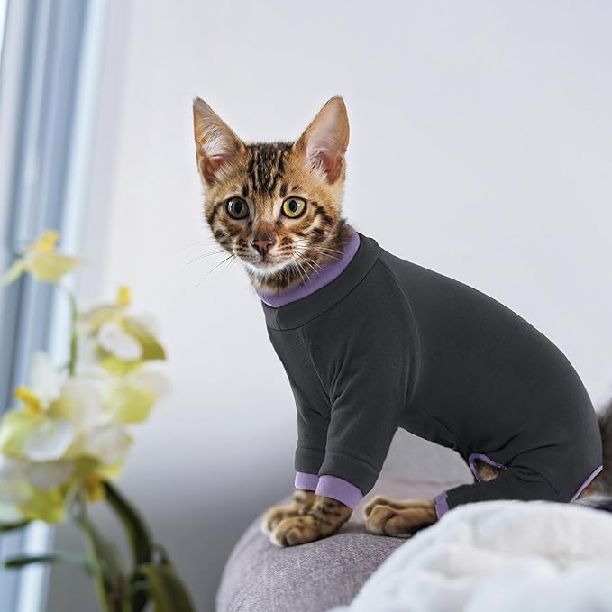 PUMYPOREITY Sticky Hair Cat Clothes, Prevent Hair Loss Cat Pajamas, Soft Cat Sweaters for Cats Only, Cat Hair Sticky Onesie, Cat Recovery Suit After Surgery, Black, S