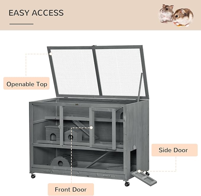 PawHut Wooden Large Hamster Cage with Seesaw and Wheels, Small Animal Cage and Habitat, 3-Tier Hamster Habitat with Ladder, Dark Grey