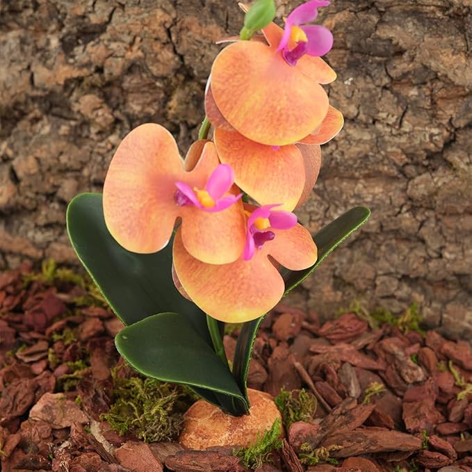 Artificial Orchids Plants, Reptile Terrarium Decor, Bearded Dragon Tank Accessories fit Crested Gecko Leopard Lizard Chameleon Tarantula Snake Frog - Yellow