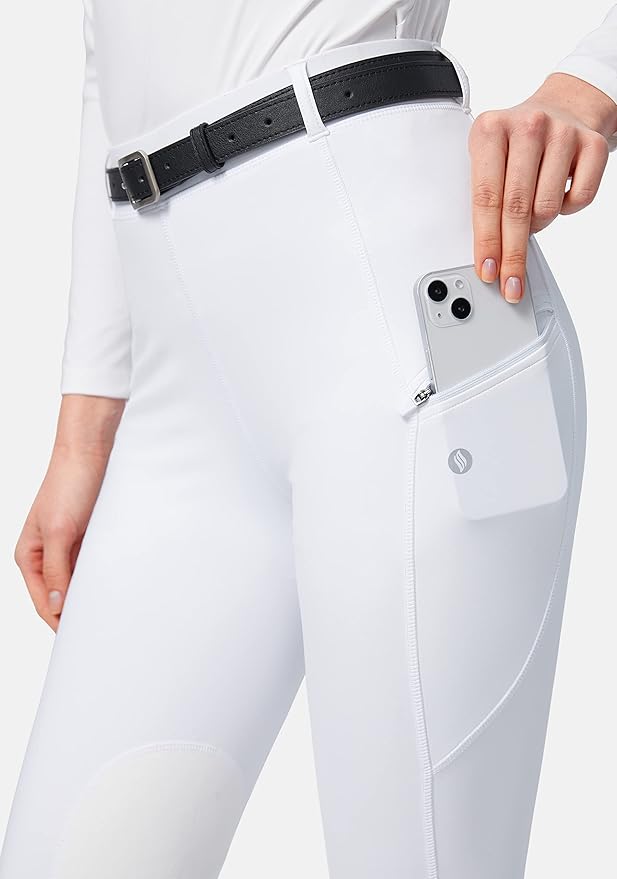 SANTINY Women's Horse Riding Pants with Zipper Pockets Knee-Patch Schooling Tights Equestrian Breeches for Women