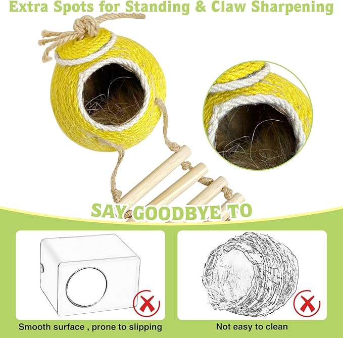 Tfwadmx Coconut Hide with Ladder, Natural Coconut Fiber Hanging Birdhouse Cage, Handmade Sisal Rope & Coconut Bird Shell Breeding Nest for Parrot Parakeet Lovebird Finch Canary (2 Pcs Yellow)