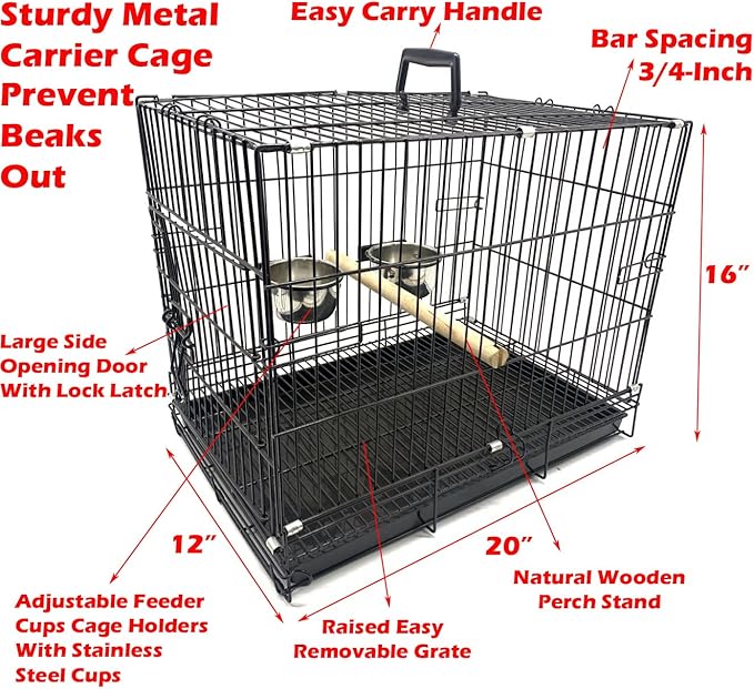 Easy Portable Foldable Travel Vet Bird Parrot Cage Carrier Handle with Stainless Feeder Bowls and Natural Wooden Stand Perch Prevent Beaks Out