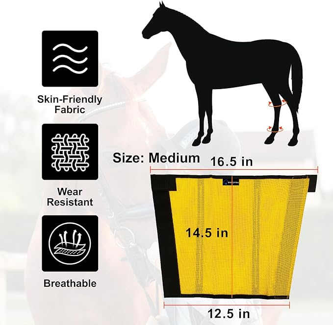 FOXLVDA Horse Fly Boots - Fly Boots for Horses Set of 4, Comfortable Horse Leggings, Mesh Material Design with Metal Support Bars for Reduces Stomping & Leg Fatigue (Yellow, Medium)
