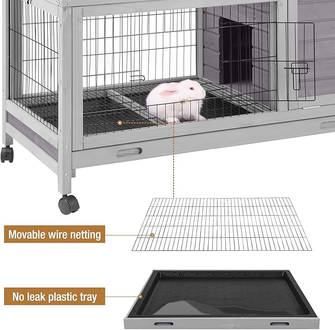 Rabbit Hutch Indoor Outdoor Rabbit Cage Bunny Cage with Run,No Leak Pull Out Tray,Wire Fence