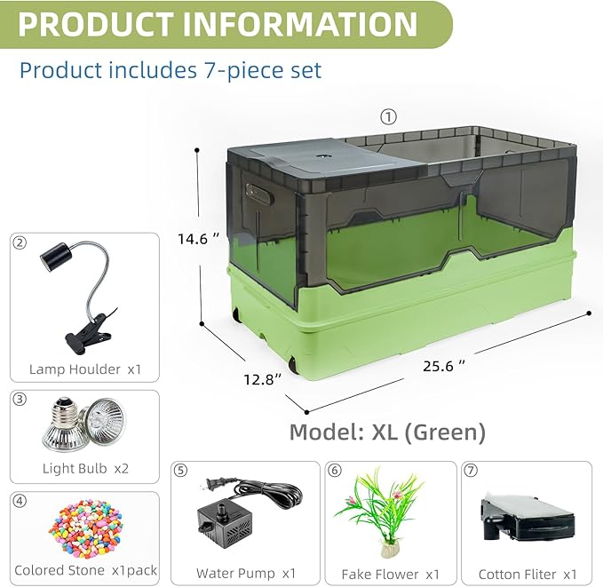 Turtle Tank kit with Filter+Water Pump+Heat lamp, Wheels, Easy to Move, Imitate The Natural Flows, Suitable for Small Turtle Horned Frog Hermit (XL, Green)