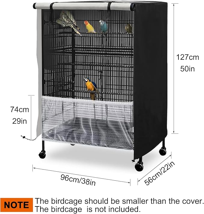 Bird Cage Cover, 600D Universal Pet Cage Cover for Night,100% Shading Oxford Cloth with PU Coating Layer, Adjustable Soft Airy Nylon Mesh Net
