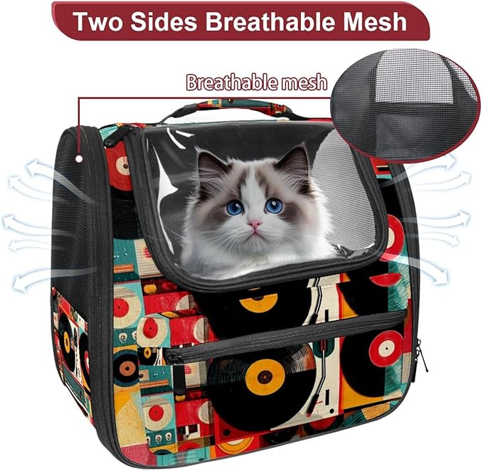 Color Record Player Pattern Traveler Backpack Pet Carriers for Cats and Dogs