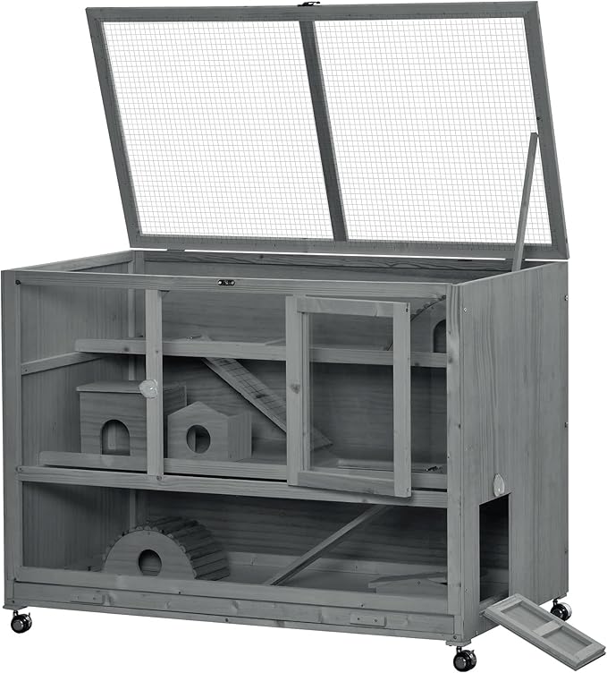 PawHut Wooden Large Hamster Cage with Seesaw and Wheels, Small Animal Cage and Habitat, 3-Tier Hamster Habitat with Ladder, Dark Grey