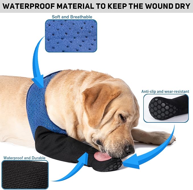 COODEO Dog Socks to Prevent Licking Paws, Healing Boots & Paw Protectors with Non-Slip Bottoms for Wound Protection, Waterproof Sleeve Shoes for Licking（Blue，2XL_Left