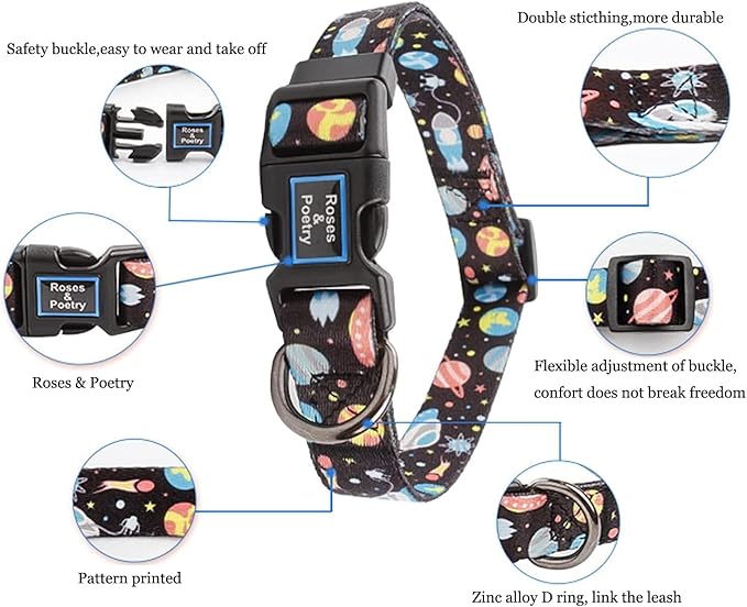 Roses&Poetry Dog Collar with Colourful Star Patterns, Adjustable Durable Puppy Collars for Small Medium Large Dogs (Star-XS)
