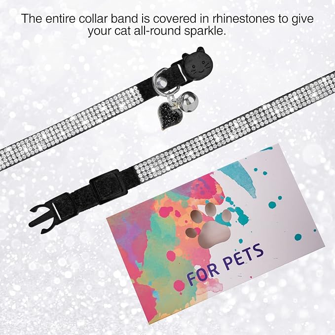Rhinestone Cat Collar Breakaway with Bell, Diamond Cat Collar with Safety Buckle Quick Release for Girl Boy Small Kitten Pets Puppy,Cute Soft Female Male Cat Collars, Color Black 8-12"