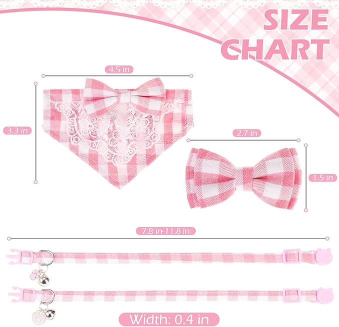 EXPAWLORER Cute Cat Collar Breakaway with Bells - 2 Pack Adjustable Plaid Pet Collar with Removable Bow Tie and Bandana, Safety Buckle for Girl Boy Cats Kitten, Pink Plaid
