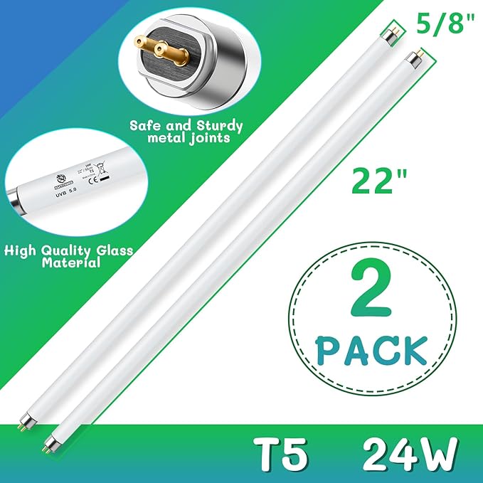 T5 UVB Reptile Light 24W 5.0,UVA UVB Light Bulb for Reptiles,2 Pack Reptile UVB Lamp Tube for Bearded Dragon