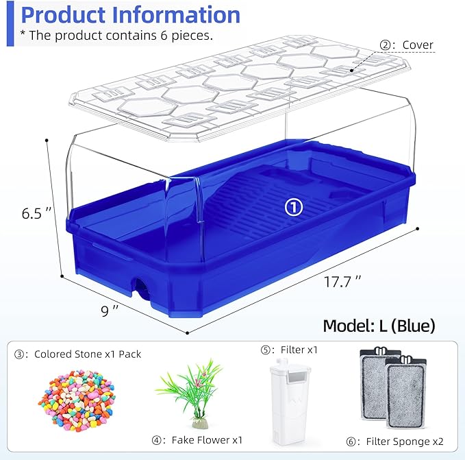 Turtle cage Tortoise Terrarium with Pump＆Filter with Shower Function Easy to Change Water and Clean Water for Turtle Horned Frog Hermit Crab Blue, L