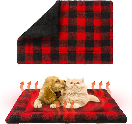 KOOLTAIL Self Warming Cat Bed, Christmas Plaid Pet Heated Pad for Indoor Outdoor Cats, Soft Thermal Double Used Warm Dog Mat, Washable Kitten Puppy House Blanket for Floor, Window Perch, Desk, Red