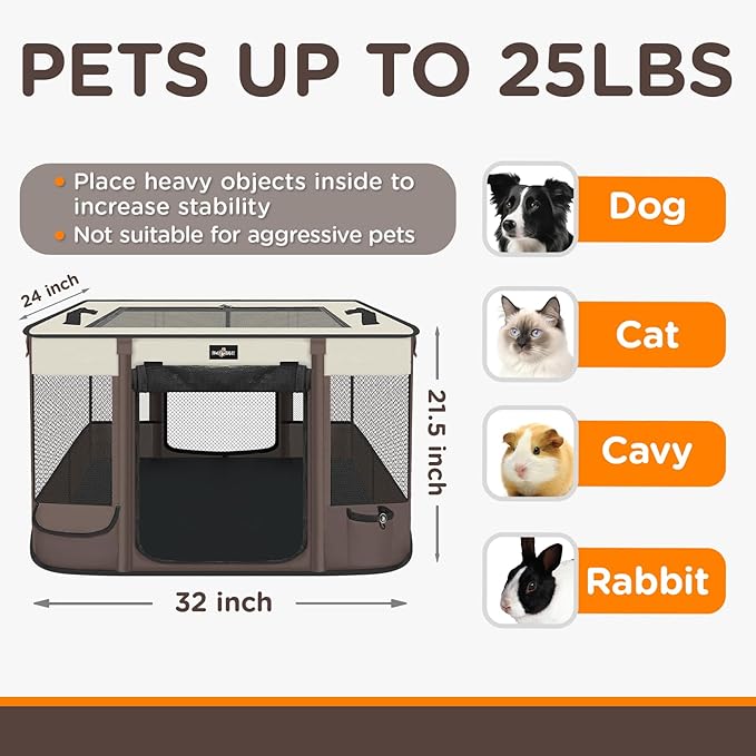 Foldable Pet Kitten Playpen, Upgrade Waterproof Portable Cat Dog Playpen Kennel Tent for Small Dog Cat, Retractable Shade Cover, Indoor Outdoor Use for Small Pet, Brown