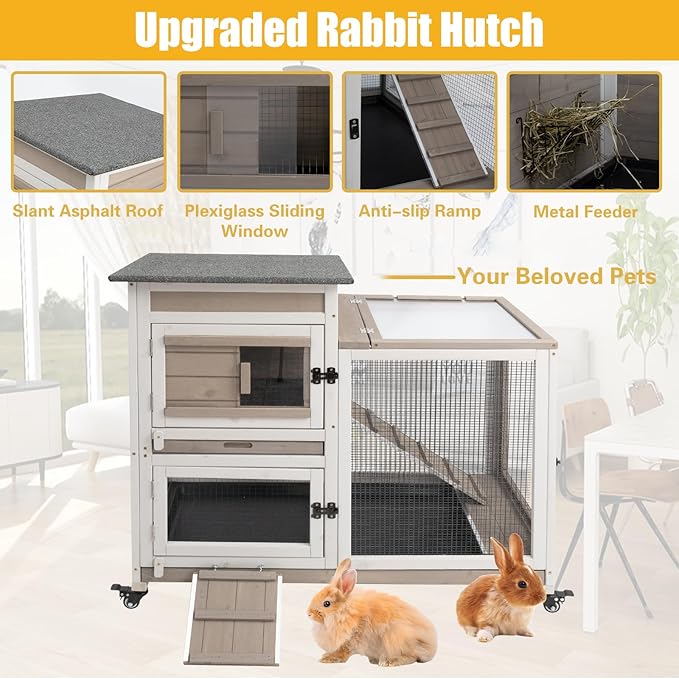 40" L Rabbit Hutch Indoor Wooden Bunny Hutch Outdoor 2 Story Rabbit Cage on Metal Wheels with Run and 2 Deeper Pull Out Trays Guinea Pig Pet House for Small Animals
