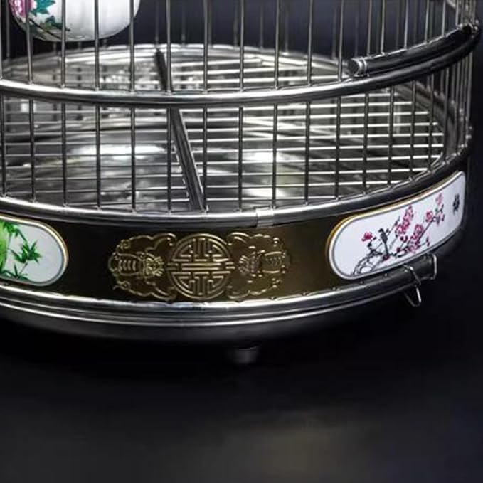 Portable Hanging Bird Cage, Stainless Steel Travel Cage for Canaries, Parakeets & Small Birds with Wooden Pole & Ceramic Cup, for Pet Starlings