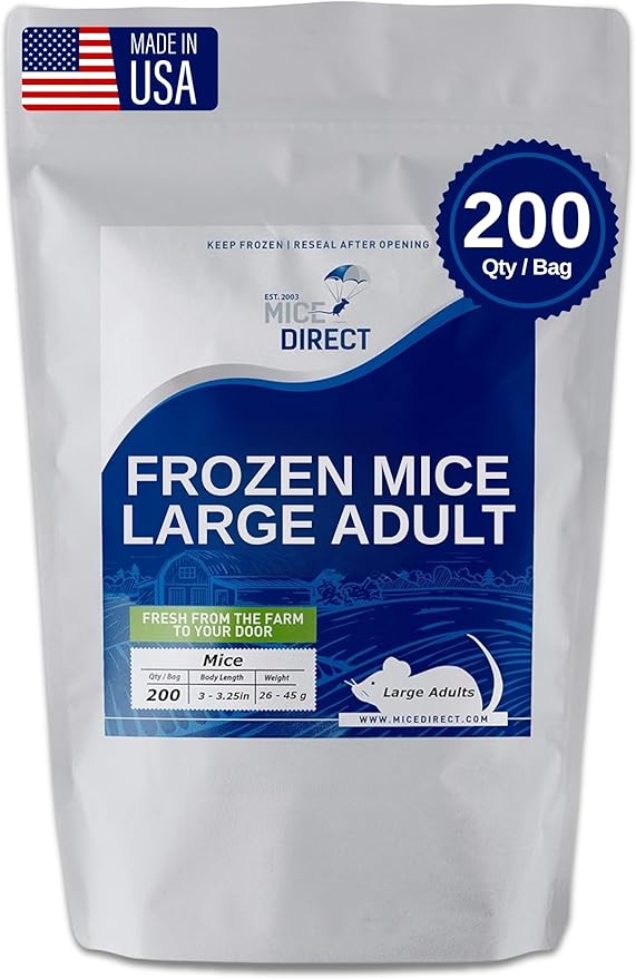 Frozen Large Adult Feeder Mice Food for Adult Ball Pythons Juvenile Red Tale Boa Monitors Lizards (200 Count)