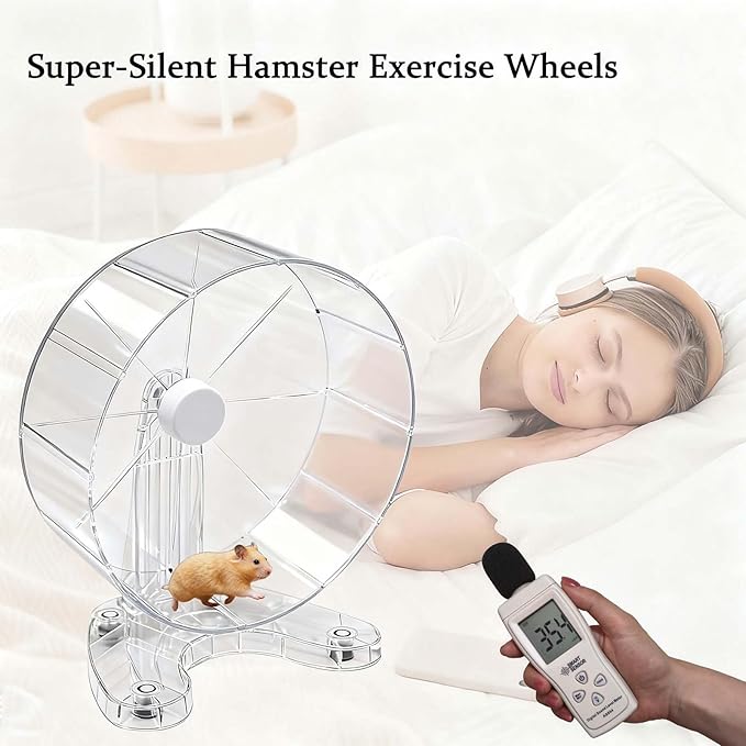 8.7" Super Silent Hamster Wheel with Stand & Water Bottle – Ultra Quiet Exercise Running Wheel for Gerbils, Syrian & Dwarf Hamsters, Chinchillas, Small Pets – Noiseless Spinning Design, Clear
