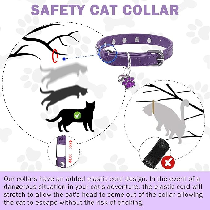SCENEREAL Cat Collar with Bells, Leather Cat Collars with Paw Studded, Adjustable Pet Collars for Boy Girl Cats,Soft Cute Cat Collar for Kitty Puppy Small Big Cats, Purple