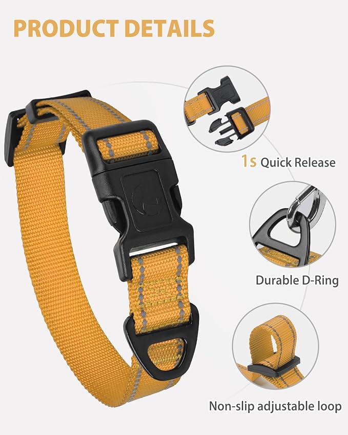 Joytale Reflective Dog Collar, Adjustable Nylon Pet Collar with Quick-Release Buckle for Medium Dogs, Khaki, M