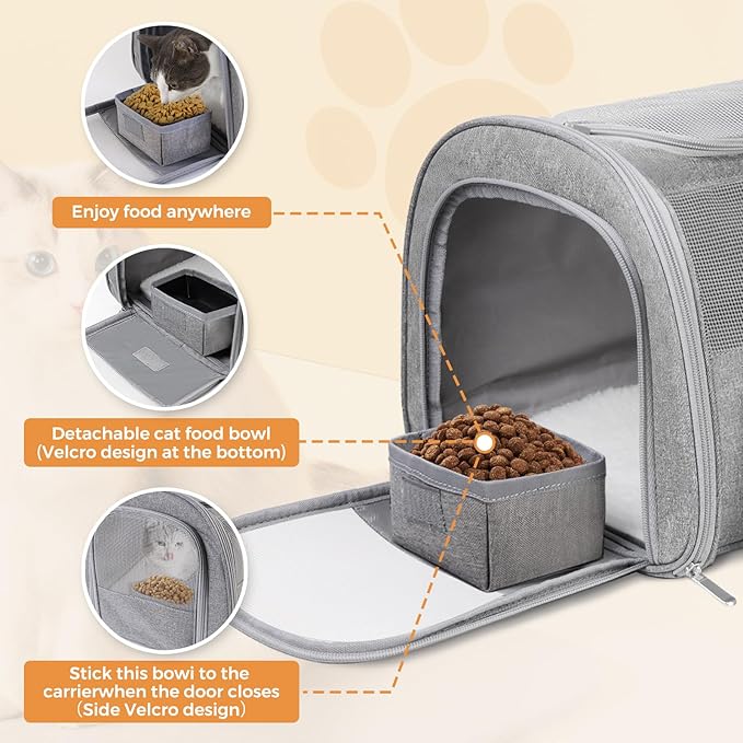 Cat Carrier Soft for Pets Up to 15 Lbs, Cat Travel Bag with Padded Shoulder Strap and Detachable Cat Food Bowl, Pet Dog Carriers for Small Dogs Travel Puppy Carry Airline Approved, Grey
