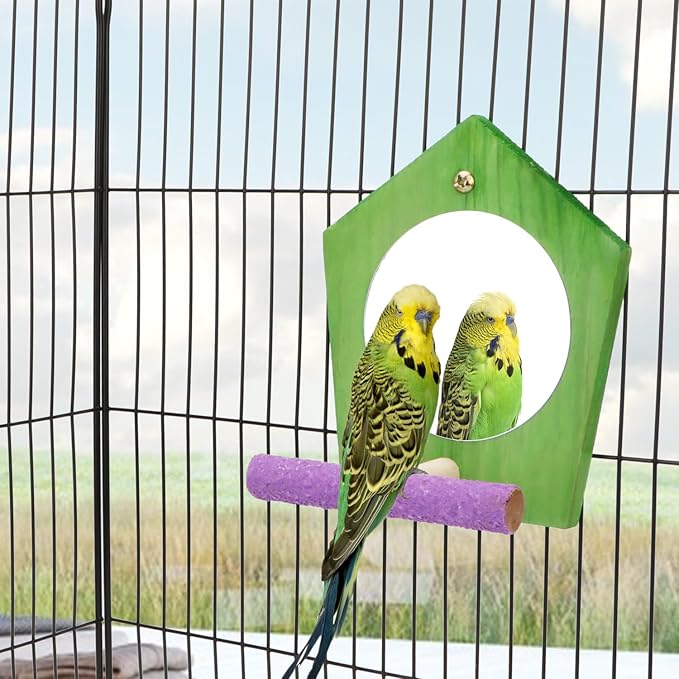 Bird Parrot Mirror Toy with Perch Parrot Parakeet Budgies Cockatiel Conure Finch Lovebird African Grey Macaw Amazon Cockatoo Birdcage Wood Stand Hanging Cage Accessories (Color Random)