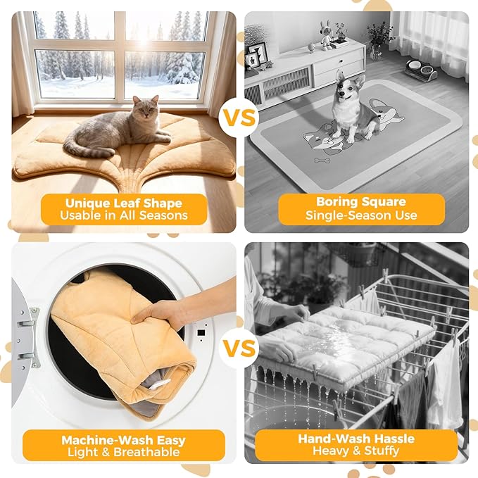 KOOLTAIL Upgrade Self Warming Cat Bed for Winter, Reversible Extra Cozy Pet Sleeping Blanket Pad for All Season, Thicken Self Heating Puppy Mats with Thermal Foil for Crate, Floor, Outdoor, Gingko