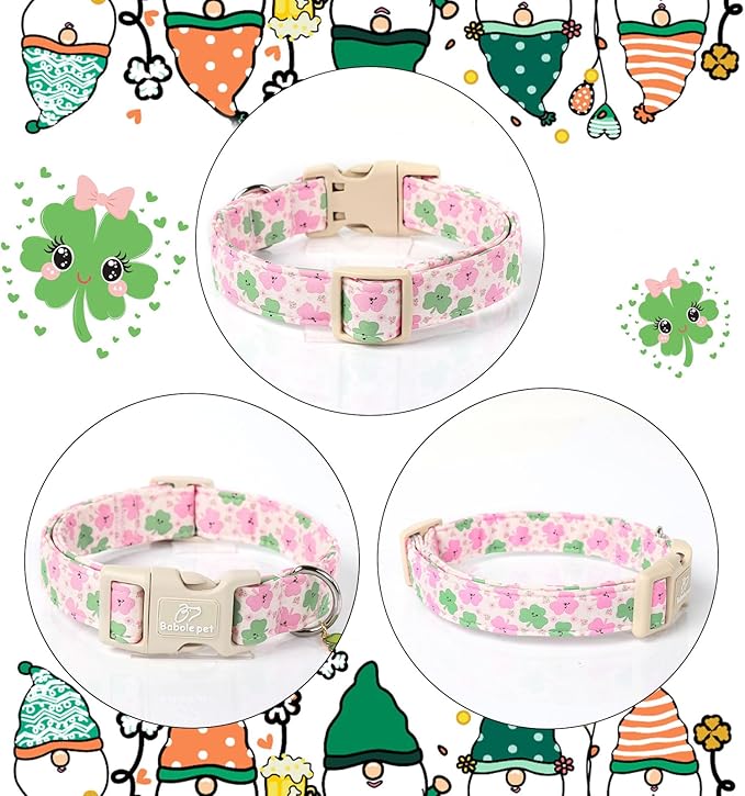 St Patricks Day Dog Collar for Giant Large Dogs - Cute Light Pink Shamrock Girl Dog Collars, Adjustable Irish Clover Puppy Collar with Quick Release Buckle XL