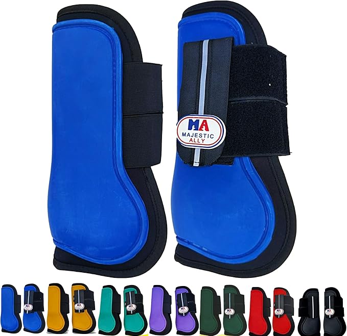 Majestic Ally Horse Leg Protection Fetlock and Tendon Boots Set, PU Shell, Neoprene Lining, Hook and Loop Closures, Multiple Colors and Sizes