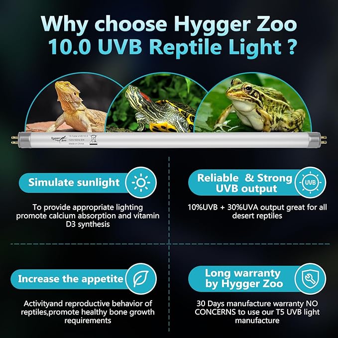 T5 UVB Reptile Light 39W 10.0 + UVA Light Bulb for Reptiles, 2-Pack Lamp Tube for Bearded Dragon, Desert-Grade Reptile UVB lamp Fixture