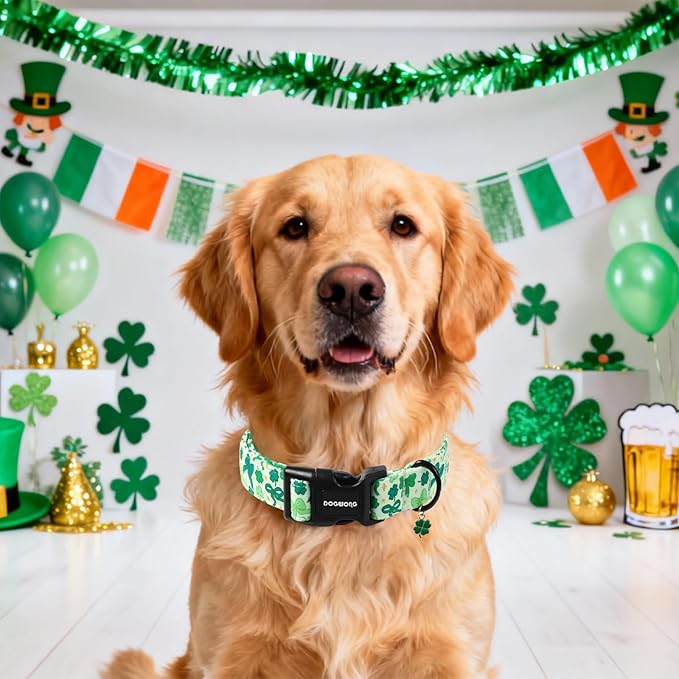 DOGWONG St Patrick's Day Dog Collar-Cute Green Clovers Dog Collar, Adjustable Cotton Shamrock Pet Collar Trefoil Puppy Collars with Quick Release Buckle,XS