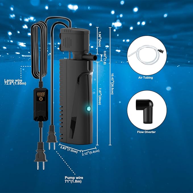 Fish Tank Filter with U - V Light & Timer (3/6/12/24 Hours) for Green Water Cleaning, Aquarium Filter with Aeration Turtle Tank Filter with Pre-Filter Sponge for Tanks 10-40 Gallon