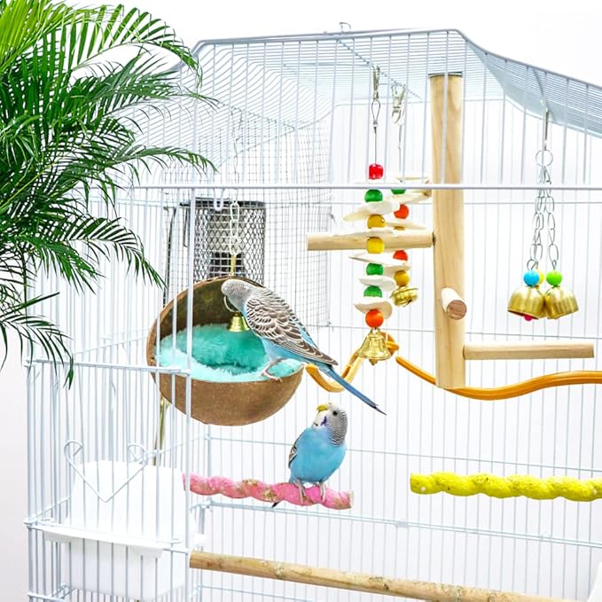 2 Pcs Natural Coconut Shell Bird Nest House Bed Breeding Nesting Anti-Pecking Bite with Warm Pad and Bell for Bird Parrot Budgie Parakeet Cockatiel Conure Lovebird Canary Finch